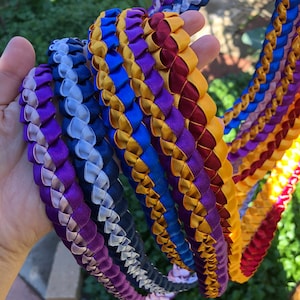 Graduation Lei - Customized Choose Your Colors Satin Ribbon Lei Packaged with a Kraft Tag of Graduate&#39;s Name Written in Cursive