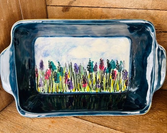 Watercolor Painted, Handmade Stoneware Casserole- One of a kind- Free Shipping