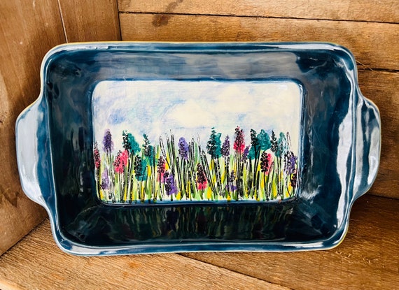 Watercolor Painted, Handmade Stoneware Casserole- One of a kind- Free Shipping