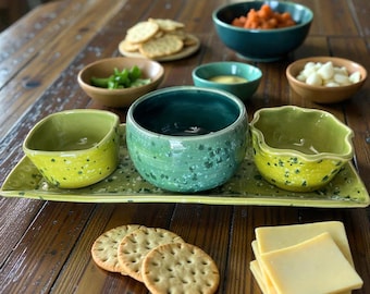 Handmade Stoneware Serving Set – Green Teal Glazed Bowls and Tray