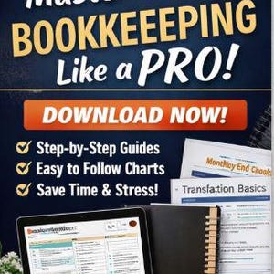 May include: A promotional image for a bookkeeping course. The text reads "Master Bookkeeping Like a PRO!" with a call to action "Download Now!" A laptop, notebook, and printed materials are also visible.