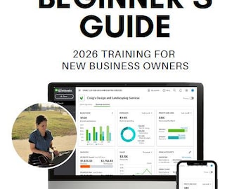 May include: A promotional image for QuickBooks Online Beginner's Guide. The image features a computer monitor displaying financial data, a smartphone, a cup of coffee, and a pen. The text on the screen reads "Craig's Design and Landscaping Services".