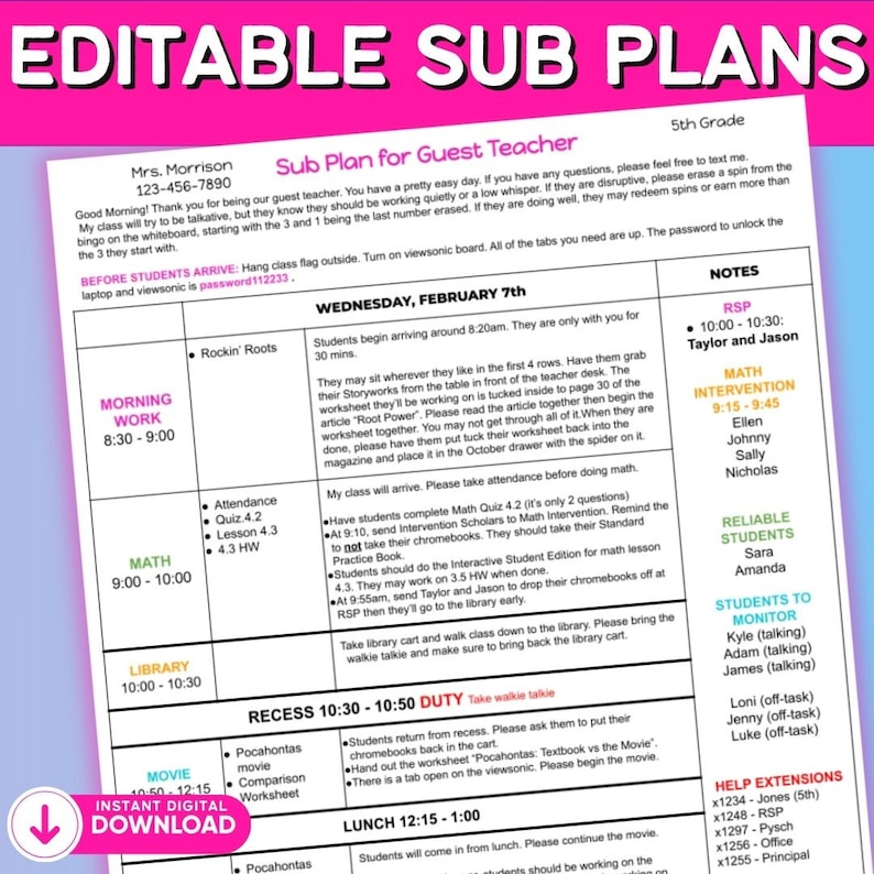 Sub Plan Note Editable Sub Plan Template for Substitute Teaching Planning (digital ...