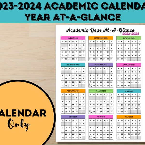 2023-2024 Academic Year At-A-Glance Calendar | Year at a Glance | Printable | 2023-2024 School Year Calendar | Calendar | Digital Download