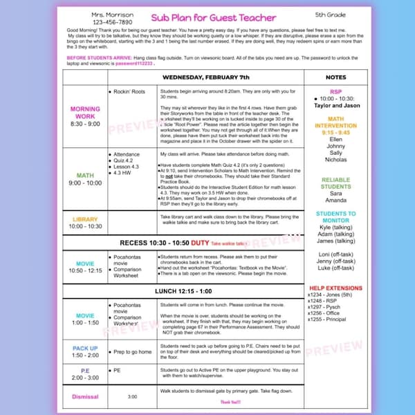 Editable Sub Plan Template for Substitute Teaching Planning (Digital Resource)