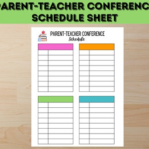 Puede incluir: Hoja de planificación de la conferencia de padres y profesores imprimible con un diseño colorido. La hoja tiene cuatro secciones con líneas para escribir nombres y horarios. La sección superior tiene un título que dice "Planificación de la conferencia de padres y profesores".