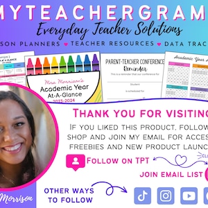 May include: A promotional graphic for "MyTeacherGrams" featuring a smiling woman and various teacher resources. The image includes text such as "Everyday Teacher Solutions," "Lesson Planners," and "Academic Year At-A-Glance 2023-2024."