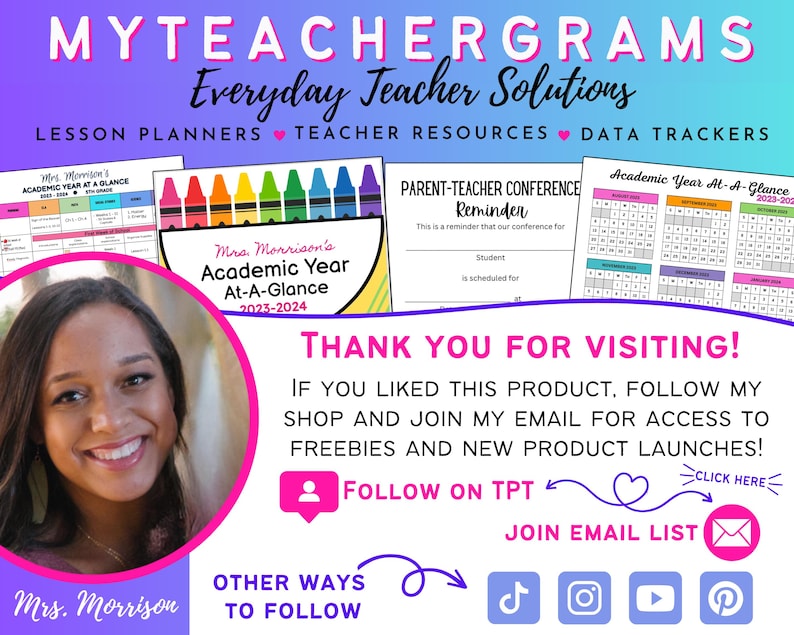 May include: A promotional graphic for "MyTeacherGrams" featuring a smiling woman and various teacher resources. The image includes text such as "Everyday Teacher Solutions," "Lesson Planners," and "Academic Year At-A-Glance 2023-2024."