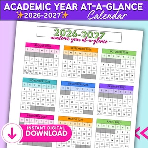May include: A colorful academic year at-a-glance calendar for 2026-2027. The calendar features monthly grids with dates, starting in August 2026 and ending in April 2027. The words "Instant Digital Download" are also visible.