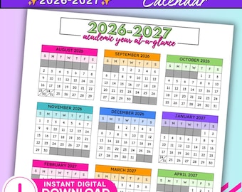 2026-2027 Academic Year At-A-Glance Calendar | Year at a Glance | Printable | 2026-2027 School Year Calendar | Calendar | Digital Download