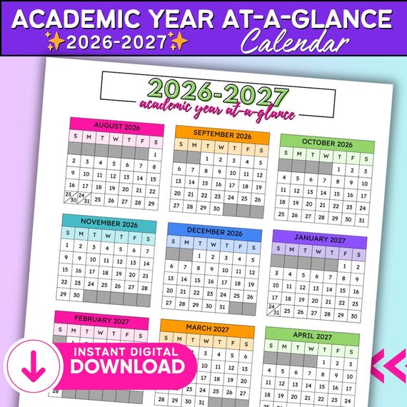 2026-2027 Academic Year At-A-Glance Calendar | Year at a Glance | Printable | 2026-2027 School Year Calendar | Calendar | Digital Download