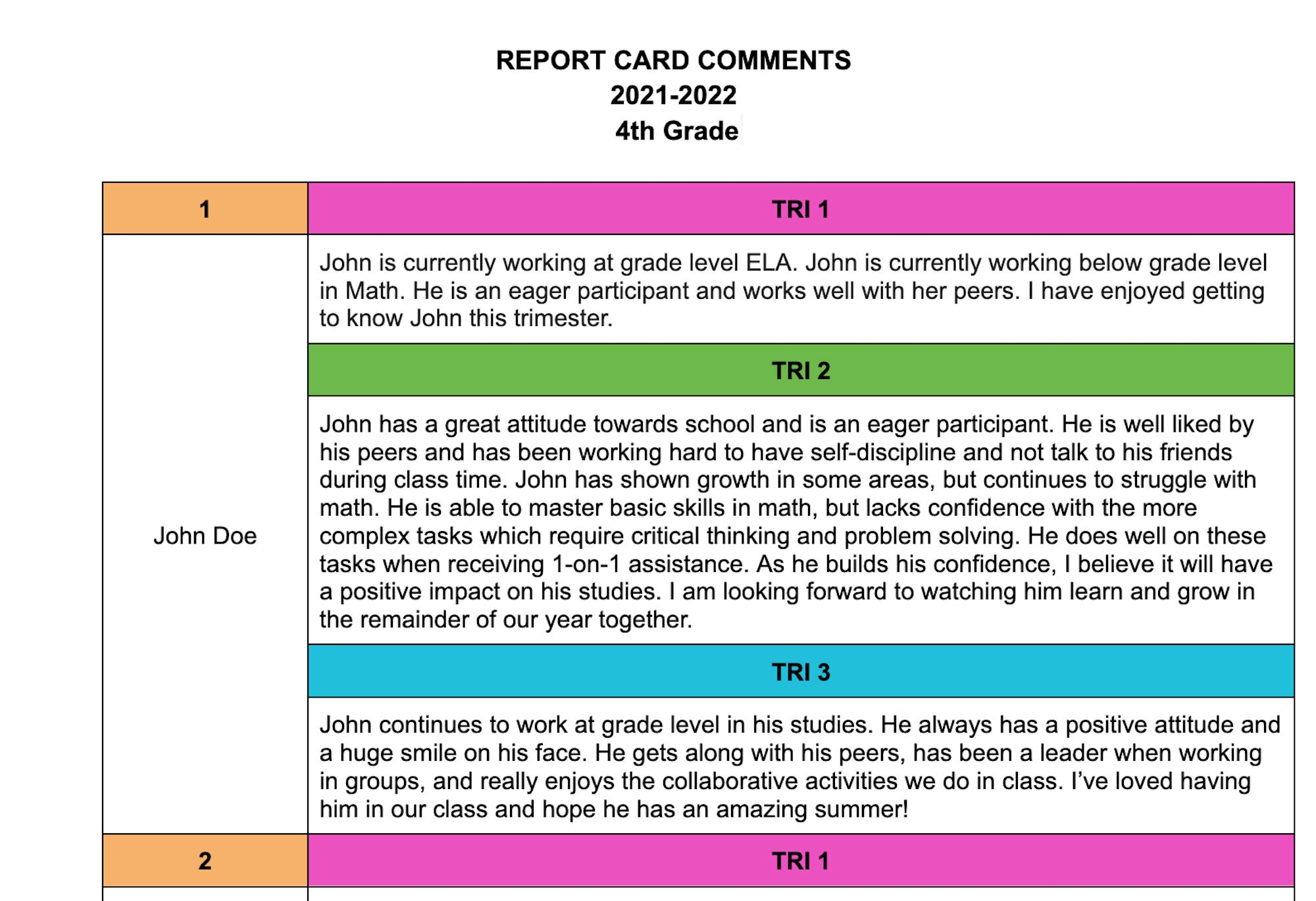 Report Card Comment Tracker