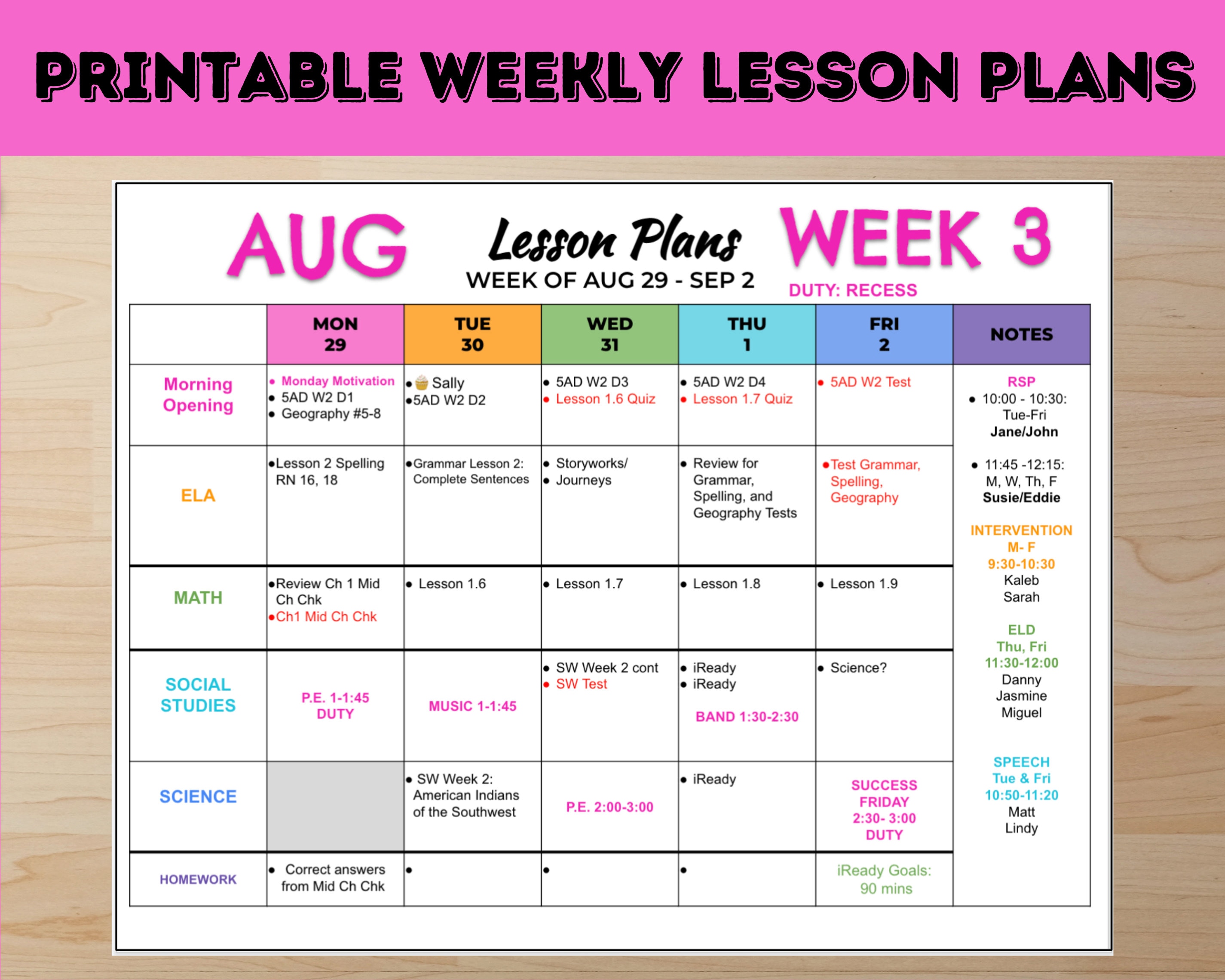 Printable weekly lesson plans etsy