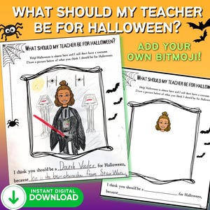 Könnte beinhalten: Eine druckbare Halloween-Aktivität für Kinder. Das Bild zeigt eine Zeichnung einer Person, die als Darth Vader verkleidet ist. Der Text lautet "Was soll mein Lehrer an Halloween sein?" und "Hilfe! Halloween ist fast da und ich habe immer noch kein Kostüm. Zeichne unten ein Bild von dem, was du denkst, dass ich an Halloween sein soll."