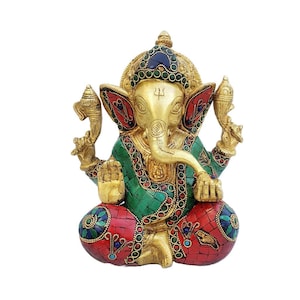 Brass Lord Ganesha statue in Multicolor stonework