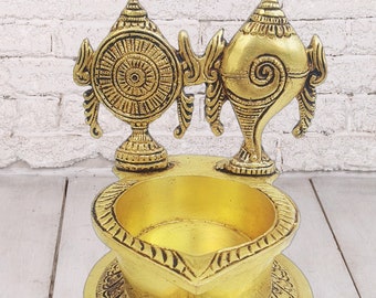 Brass Shankh Chakra Namah Diya Showpiece / Shri Tirupati Balaji Shankha Chakra Tilak / Padmanabha Swami / Lord Vishnu