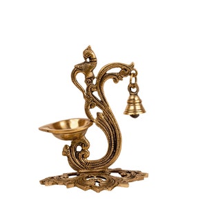 Brass Peacock Diya with  Oil Wick and a Bell, Brass Peacock Deepak