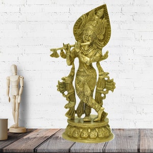 Brass Krishna Bhagwan Murti Idol Playing Flute in Antique Brass Finished