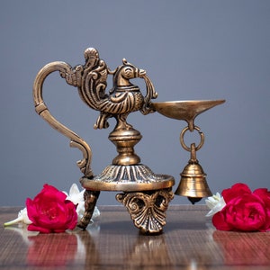 Brass Peacock Diya with  Oil Wick and a Bell, Brass Peacock Deepak