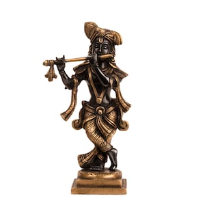Brass Krishna Bhagwan Murti Idol Playing Flute in Antique Brass Finished
