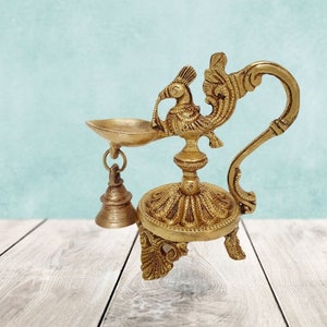 Brass Peacock Diya with  Oil Wick and a Bell, Brass Peacock Deepak