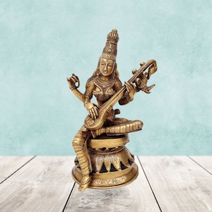 Brass Saraswati Statue with Antique finish,Brass Goddess Saraswati idol. Hindu Mother Goddess of Arts, Music, Knowledge & Wisdom.