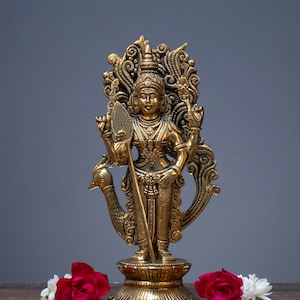 Brass Kartikeya Statue, Brass Karthikeyan statue, Murugan Swamy Idol, Lord Murugan Swamy Statue With Peacock for Temple, Home, Gift.