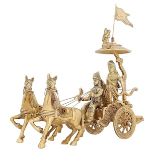 Brass Lord Krishna Arjuna Rath Chariot with Lord Hanuman sitting with Vijay Flag