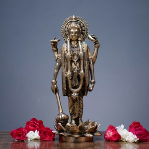 MohanJodero Elegant Brass Lord Vishnu idol standing on lotus flower