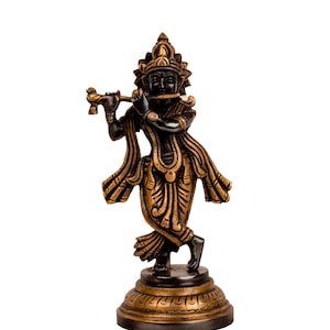 Brass Krishna Bhagwan Murti Idol Playing Flute in Antique Brass Finished