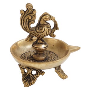 Brass Peacock Diya with  Oil Wick and a Bell, Brass Peacock Deepak