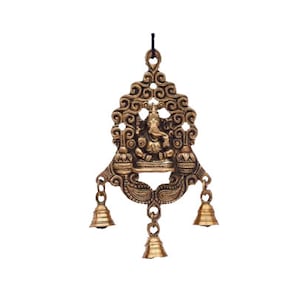 Brass Wall Hanging Lord Ganesha sitting Darbar with Bells Kalash engraved in Antique  Finished for Entrance