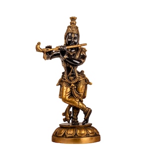 Brass Krishna Bhagwan Murti Idol Playing Flute in Antique Brass Finished