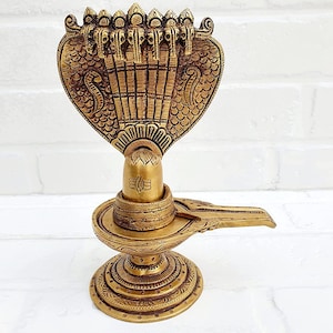 Brass Shivling/ Shiva Lingam with Sheshnag in Antique Golden finish, Radiant Sign of Lord Shiva
