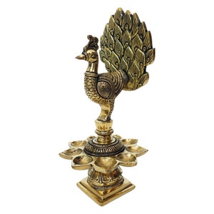 Brass Peacock Diya with  Oil Wick and a Bell, Brass Peacock Deepak