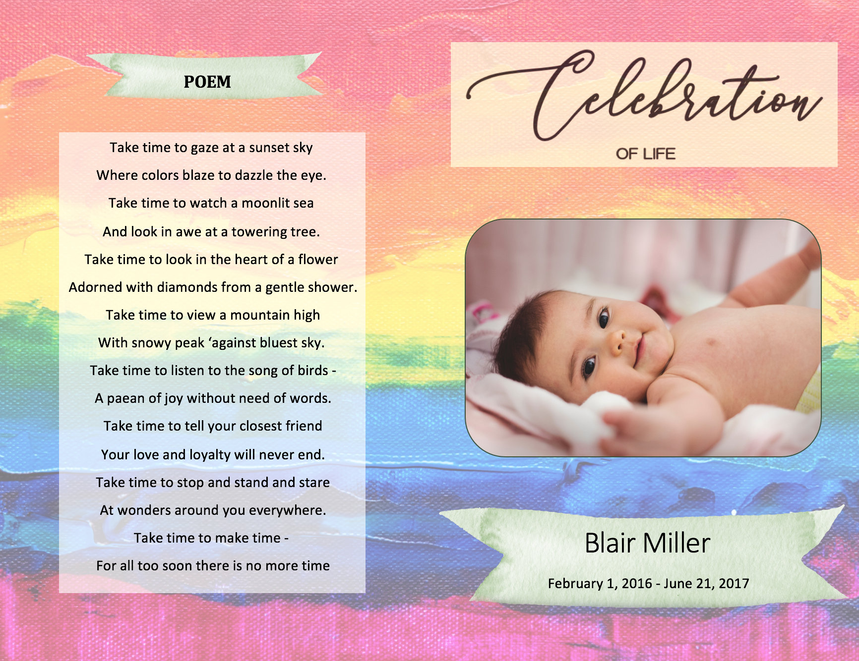 Rainbow Funeral Program Template Microsoft Word Rainbow Baby Colorful Funeral Template Printable ...