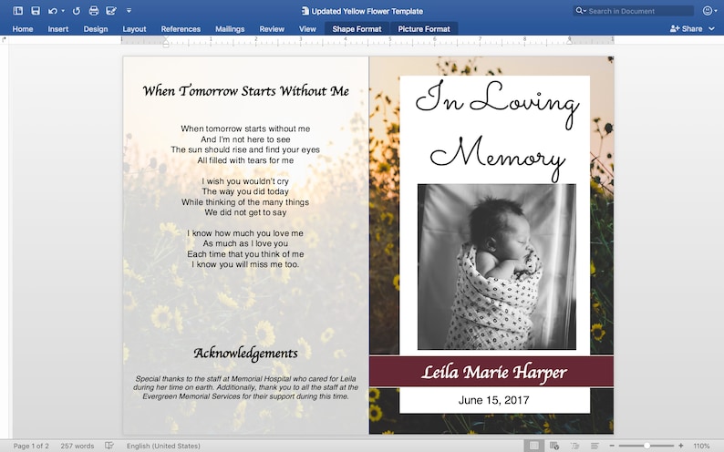 Yellow Flowers Funeral Program Template Funeral for Baby Stillborn ...