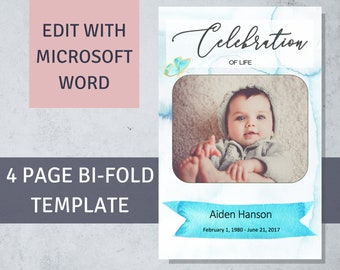 Baby Funeral Program Template Word Watercolor Animals Funeral Blue Funeral Program Template Babies Infant Celebration of Life Child loss