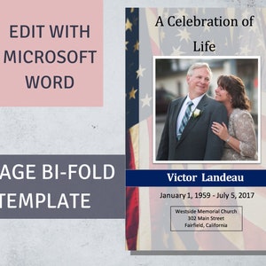 American Flag Funeral Program Template, Memorial Service for Veteran, Military Funeral Celebration of Life Patriotic Microsoft Word Template