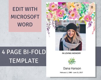 May include: A four-page bi-fold template for a memorial service. The template features a watercolor floral design in shades of pink, yellow, and green. The template also includes a photo of a woman and the text "In Loving Memory", "Dana Hanson", and "February 1, 1980 - June 21, 2017".