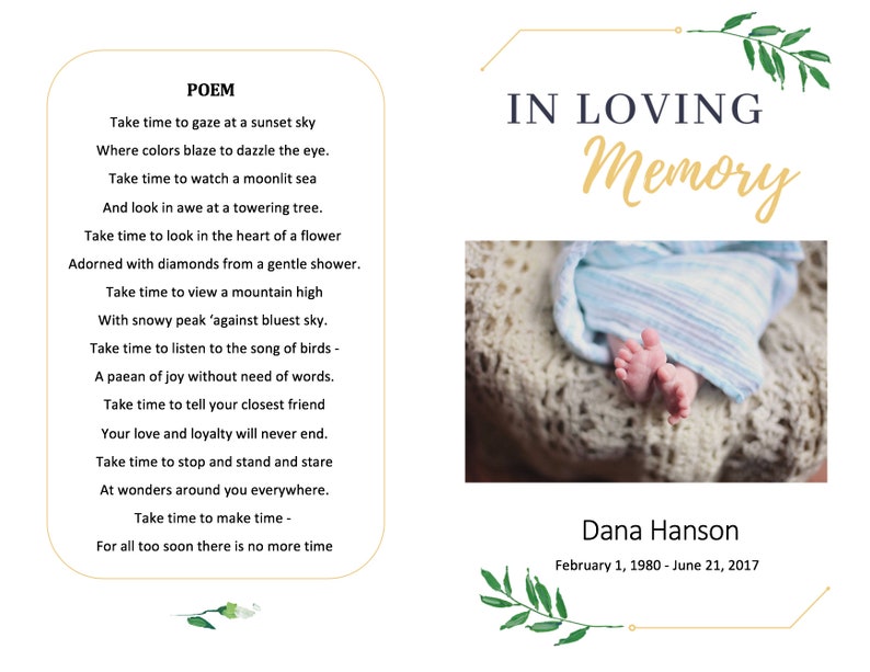 Infant Funeral Program Template Obituary Baby Funeral Simple Leaves ...