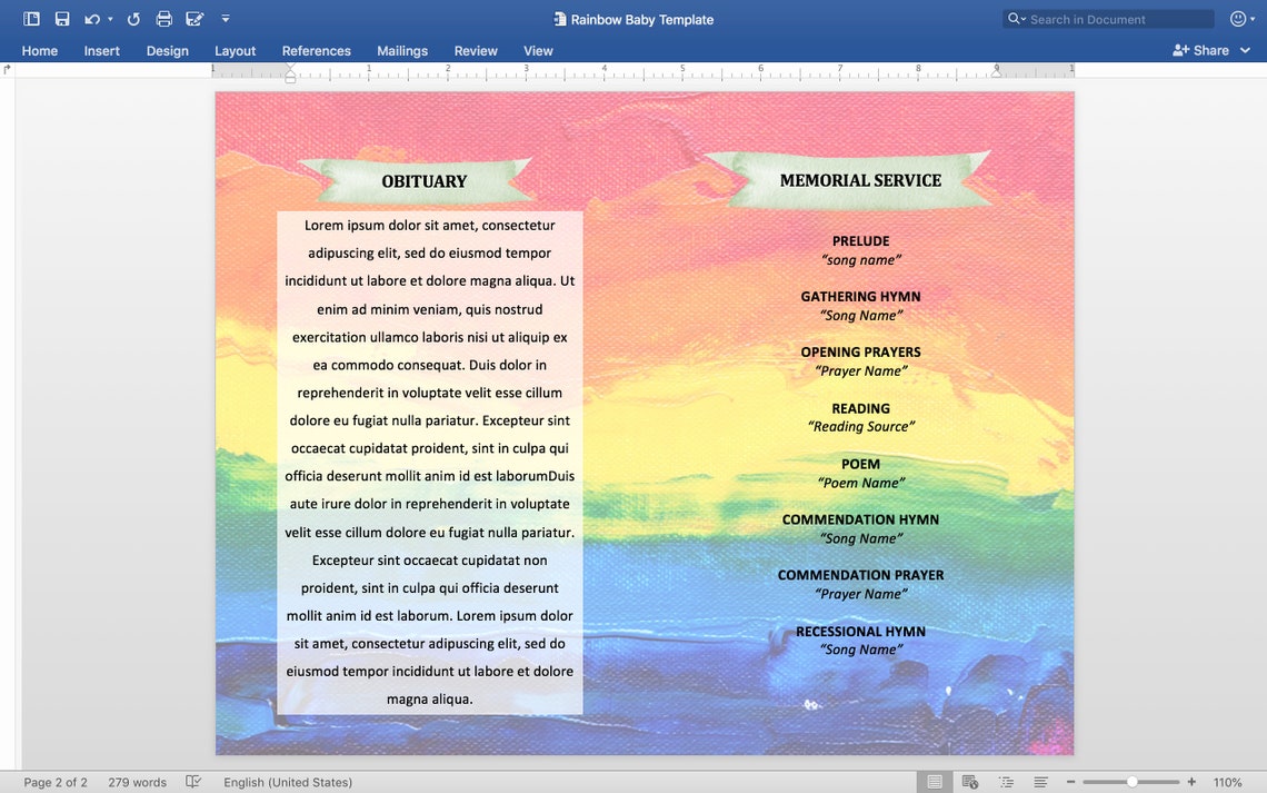 Rainbow Funeral Program Template Microsoft Word Rainbow Baby Colorful Funeral Template Printable ...