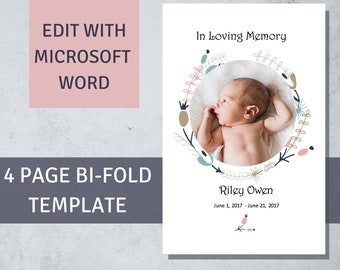 May include: A white card with a floral wreath border and a photo of a baby in the center. The text "In Loving Memory" is at the top of the card. The baby's name, "Riley Owen", and birth and death dates are below the photo. The card is a 4-page bi-fold template that can be edited with Microsoft Word.