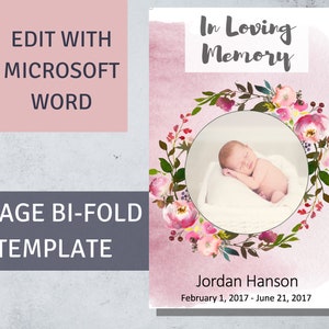 May include: A pink and white floral wreath surrounds a photo of a sleeping baby. The text "In Loving Memory" is at the top of the image. The text "Jordan Hanson" and "February 1, 2017 - June 21, 2017" is at the bottom of the image.