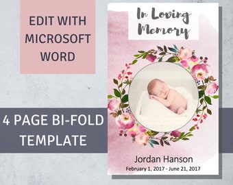 Può includere: Una ghirlanda di fiori rosa e bianchi circonda una foto di un bambino che dorme. Il testo "In Loving Memory" è in alto nell'immagine. Il testo "Jordan Hanson" e "February 1, 2017 - June 21, 2017" è in basso nell'immagine.