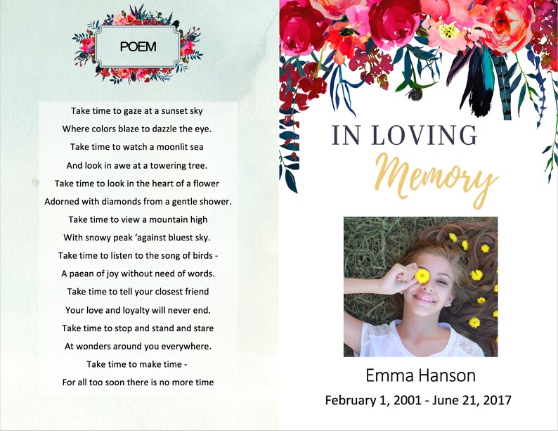 Child Funeral Program Template Floral and Feather Memorial Etsy