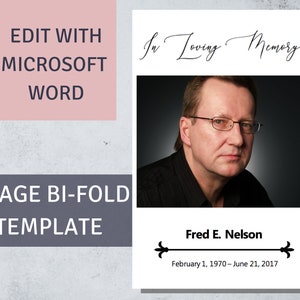 Könnte beinhalten: Eine schwarz-weiße Gedenkvorlage für Microsoft Word. Die Vorlage ist ein vierseitiger Klappflyer mit einem Foto eines Mannes mit Brille und dem Text "In Loving Memory", "Fred E. Nelson" und "February 1, 1970 - June 21, 2017".