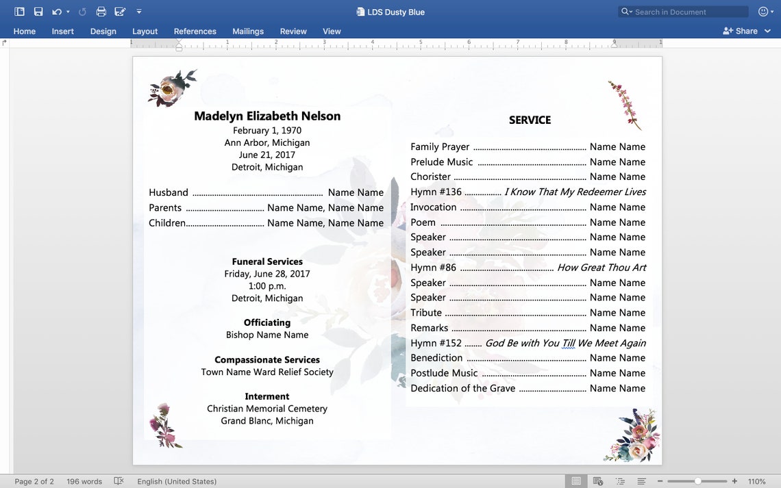 LDS Funeral Program Template Celebration of Life the Church of Jesus