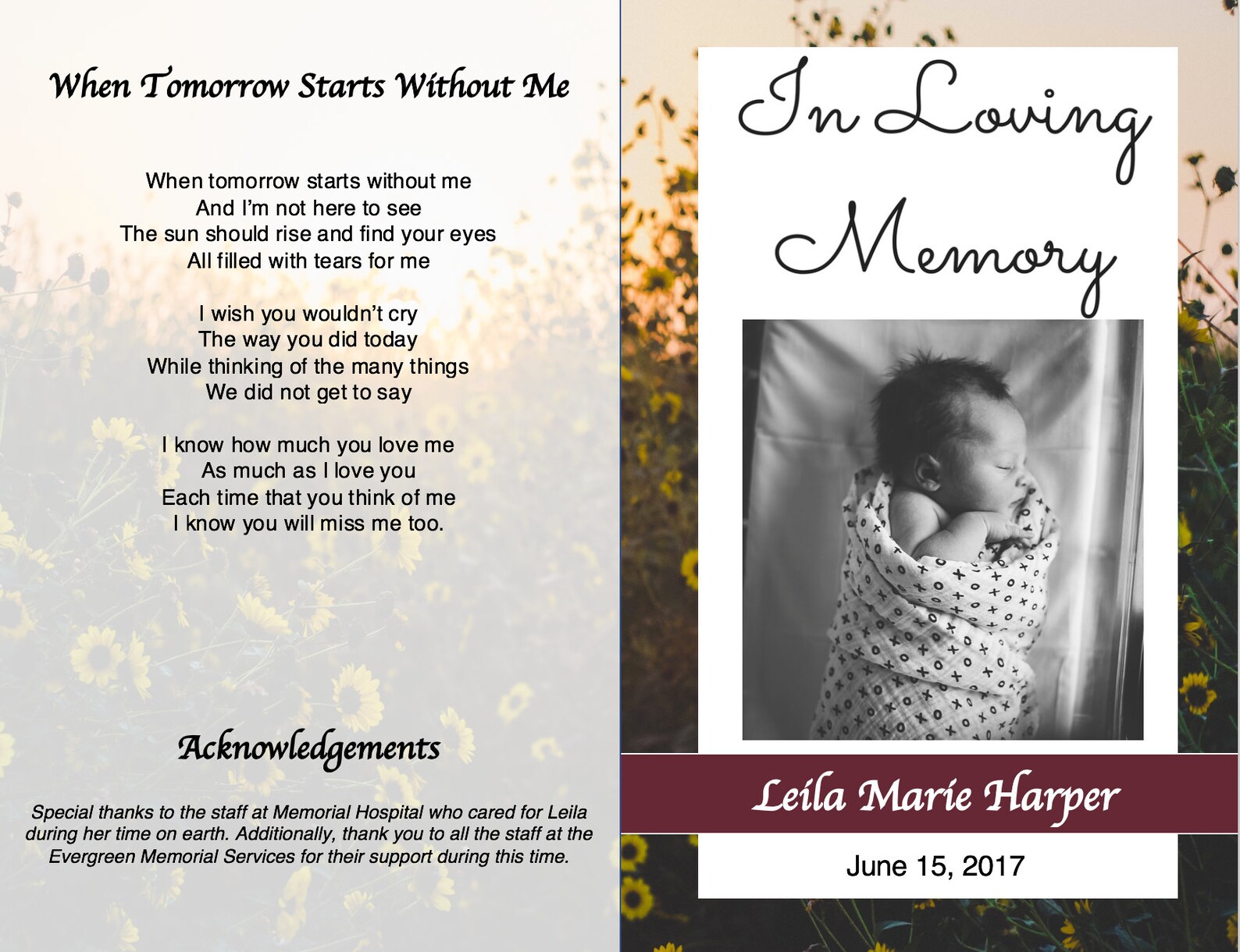 Yellow Flowers Funeral Program Template Funeral for Baby Stillborn