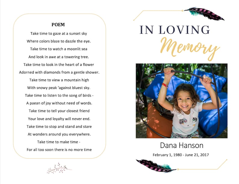 Child Funeral Program Template Turquoise and Purple Feather Memorial Program for Kid Template Life Celebration of Life Program Template